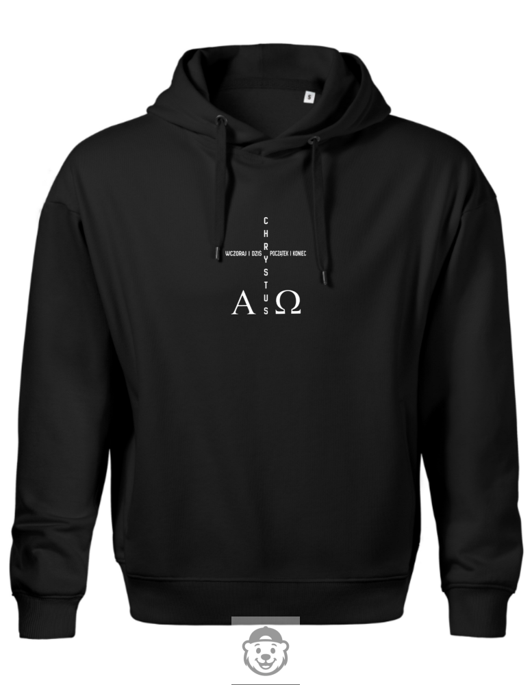 BLUZA Z KAPTUREM MĘSKA CHRYSTUS WCZORAJ I DZIŚ POCZĄTEK I KONIEC CZARNA.png