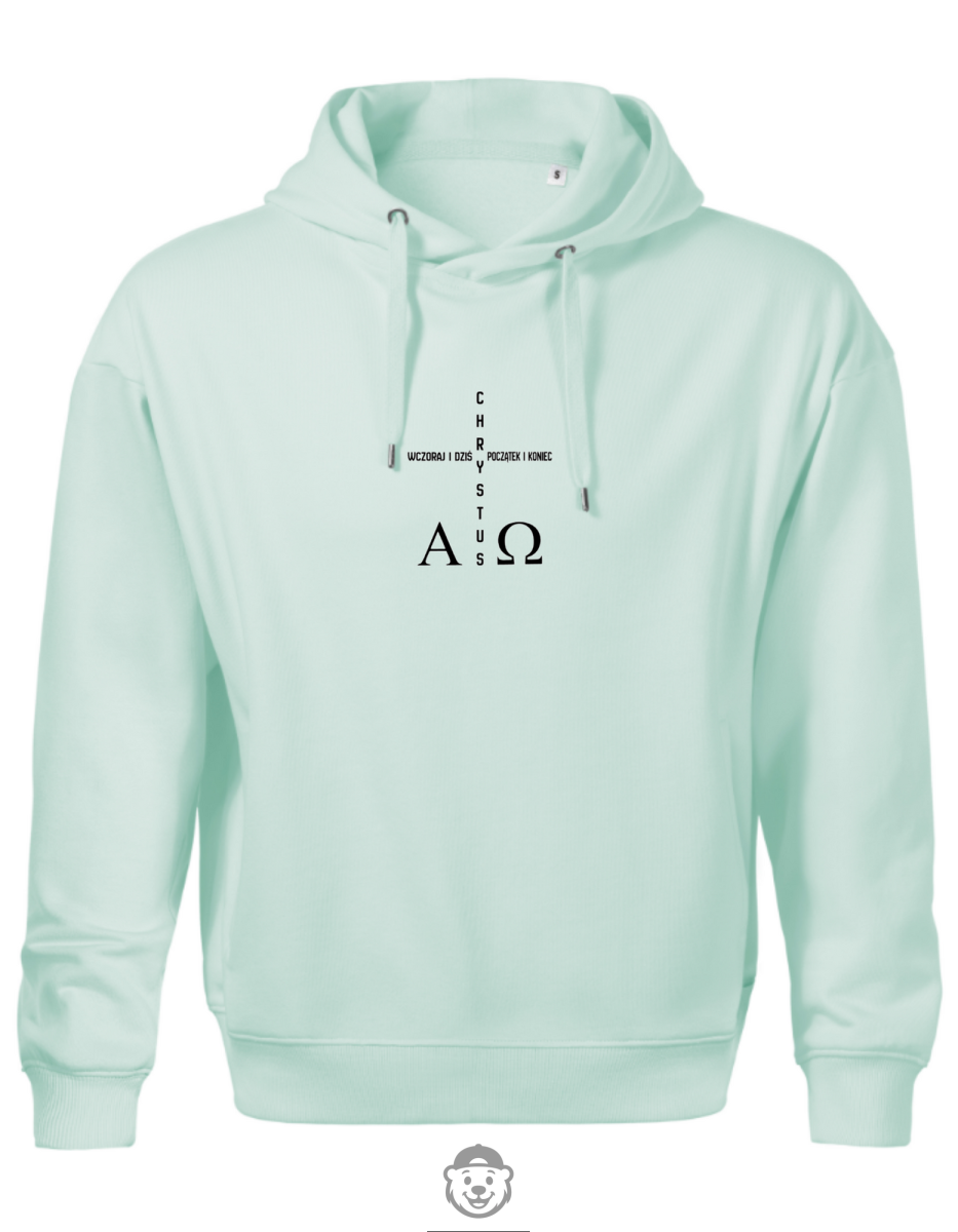 BLUZA Z KAPTUREM MĘSKA CHRYSTUS WCZORAJ I DZIŚ POCZĄTEK I KONIEC MIĘTOWA.png