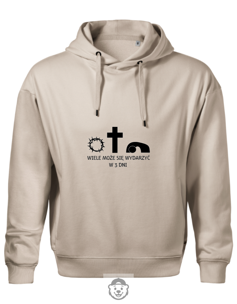 BLUZA Z KAPTUREM MĘSKA WIELE SIĘ MOŻE WYDARZYĆ W TRZY DNI BEŻOWA.png