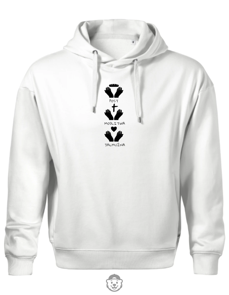 BLUZA Z KAPTUREM MĘSKA POST MODLITWA JAŁMUŻNA BIAŁA.png