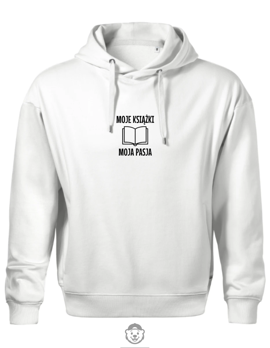 BLUZA Z KAPTUREM MĘSKA MOJE KSIĄŻKI MOJA PASJA BIAŁA.png