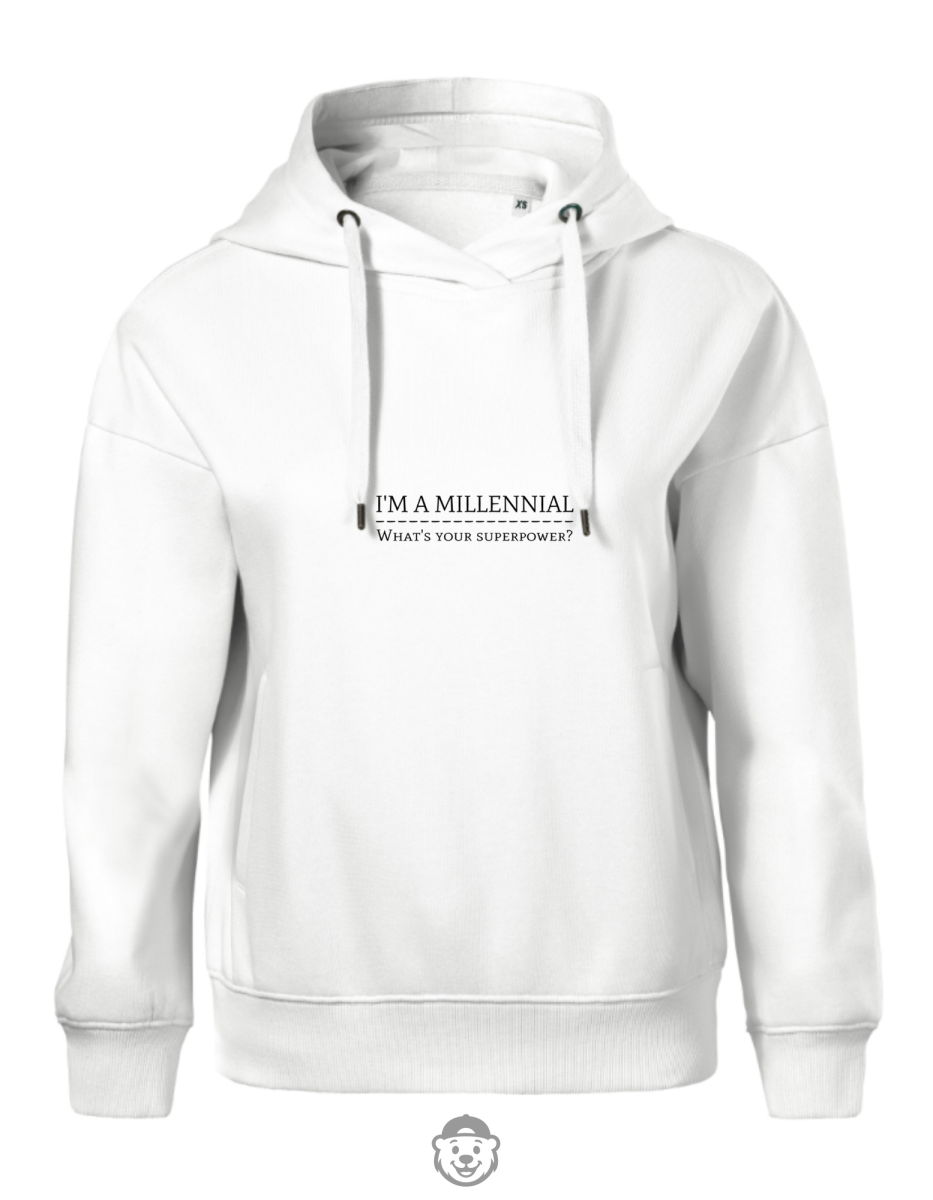 BLUZA Z KAPTUREM DAMSKA I'M A MILLENNIAL BIAŁA.png
