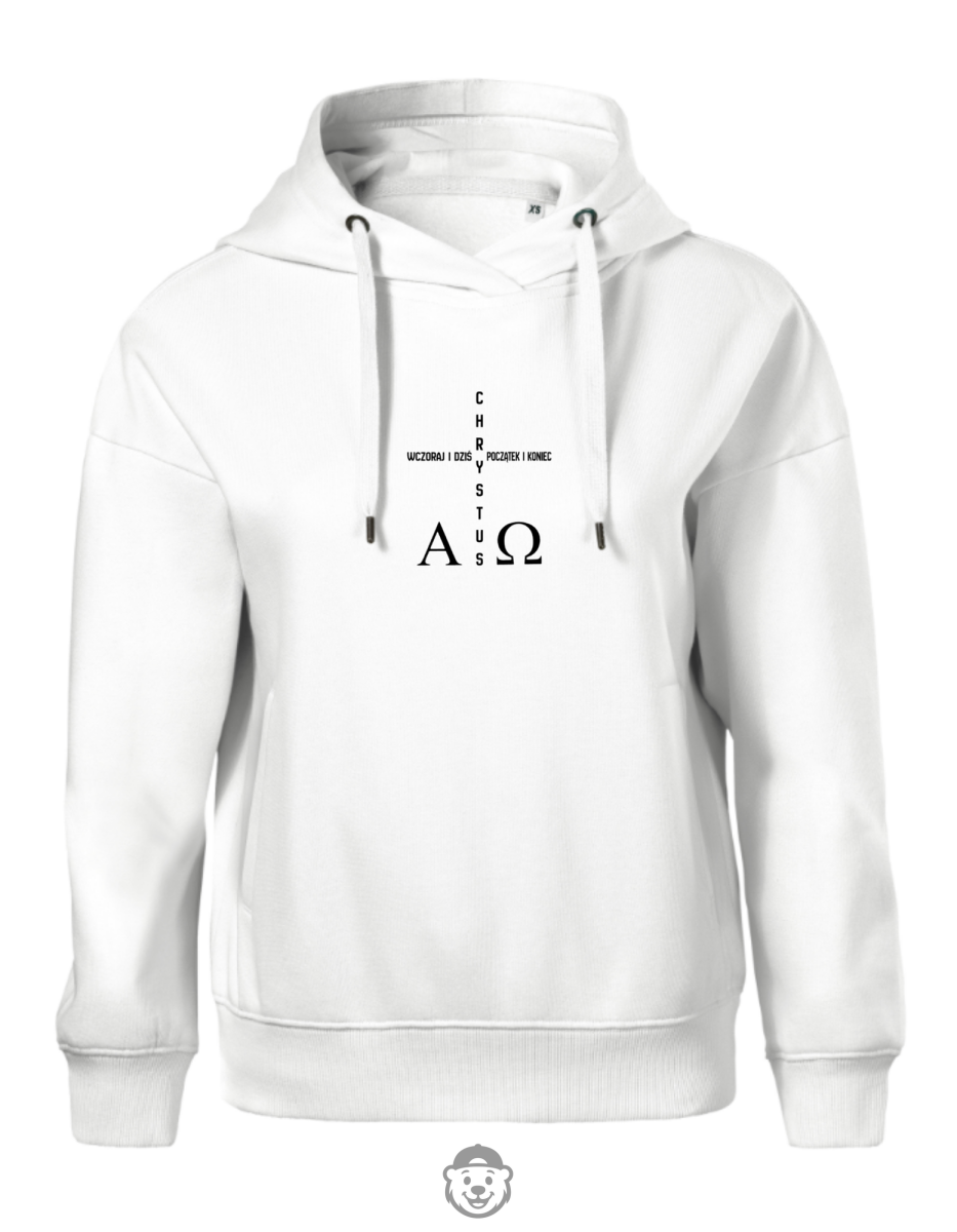 BLUZA Z KAPTUREM DAMSKA CHRYSTUS WCZORAJ I DZIŚ POCZĄTEK I KONIEC BIAŁA.png