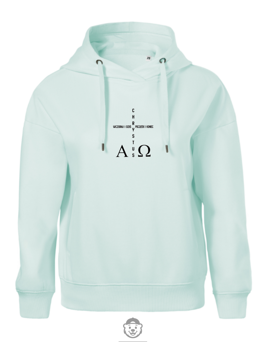 BLUZA Z KAPTUREM DAMSKA CHRYSTUS WCZORAJ I DZIŚ POCZĄTEK I KONIEC MIĘTOWA.png