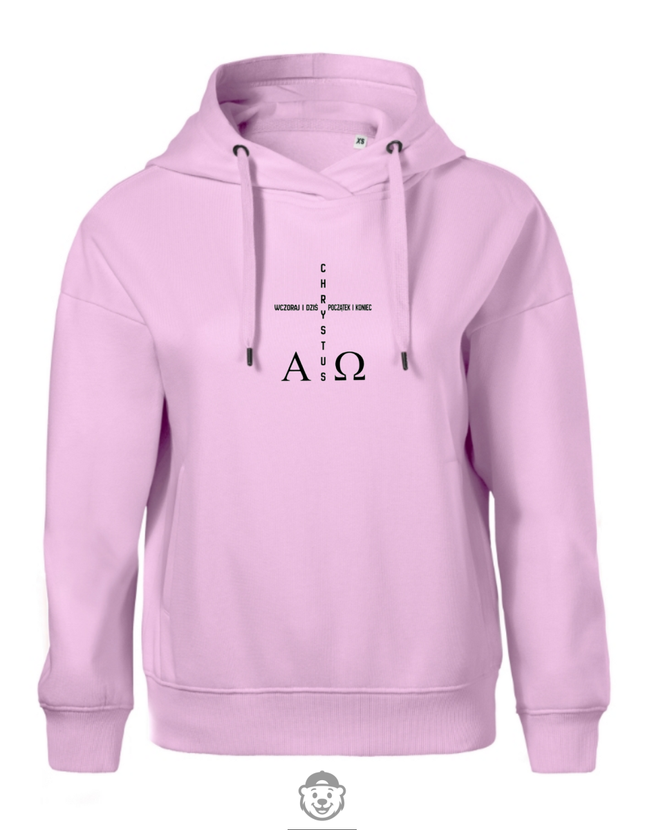 BLUZA Z KAPTUREM DAMSKA CHRYSTUS WCZORAJ I DZIŚ POCZĄTEK I KONIEC RÓŻOWA.png