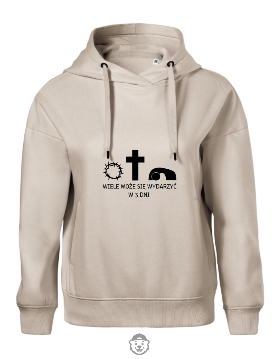 BLUZA Z KAPTUREM DAMSKA WIELE SIĘ MOŻE WYDARZYĆ W TRZY DNI BEŻOWA.png