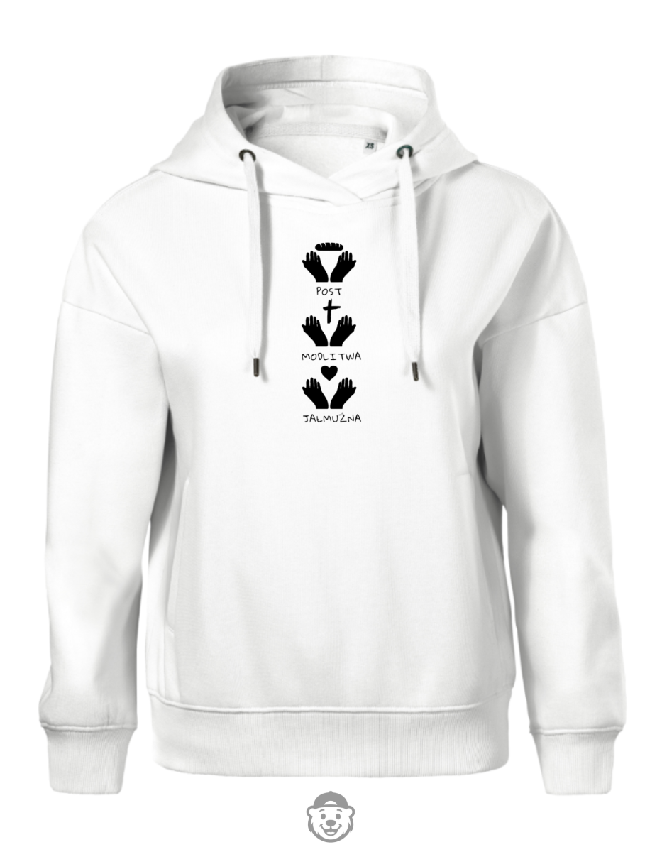 BLUZA Z KAPTUREM DAMSKA POST MODLITWA JAŁMUŻNA BIAŁA.png