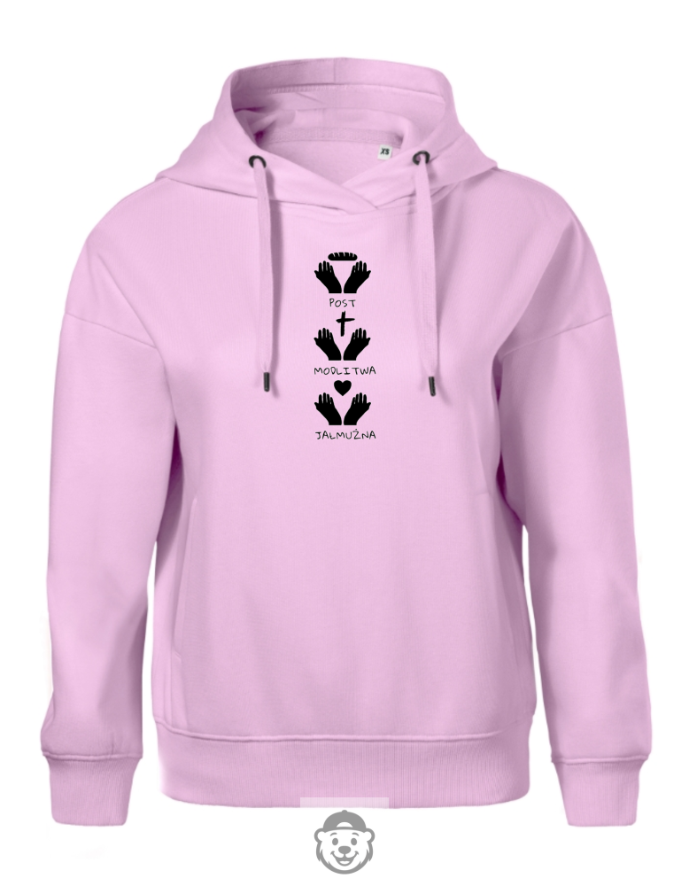 BLUZA Z KAPTUREM DAMSKA POST MODLITWA JAŁMUŻNA RÓŻOWA.png