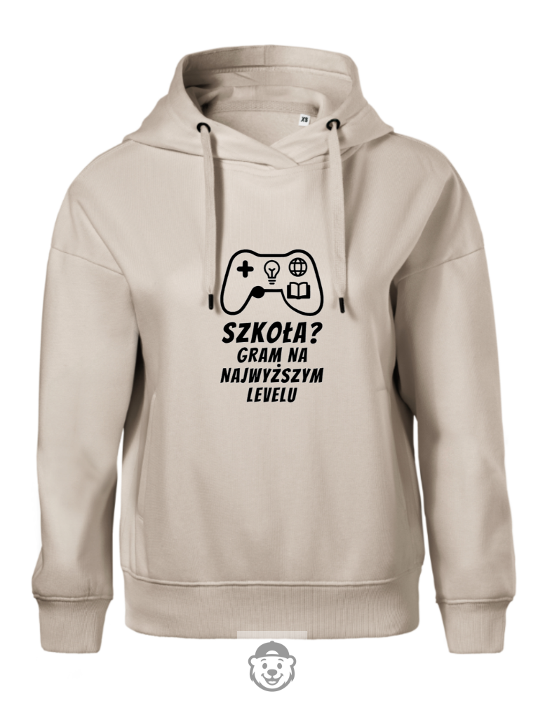 BLUZA Z KAPTUREM DAMSKA SZKOŁA GRAM NA NAJWYŻSZYM LEVELU BEŻOWA.png