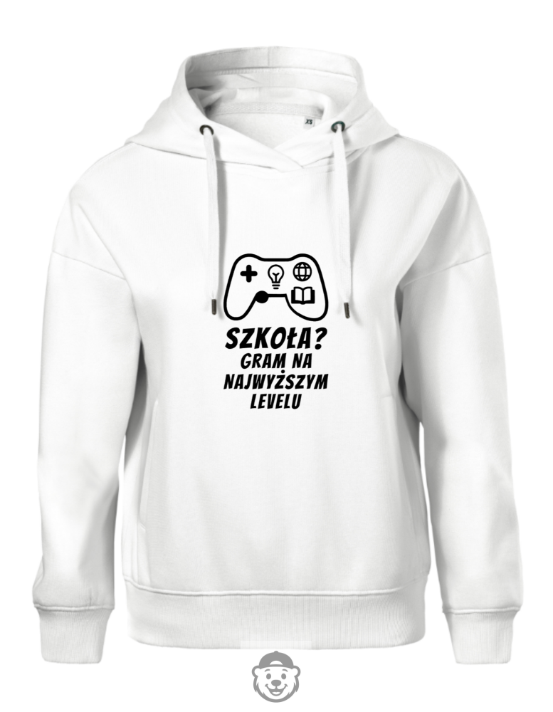 BLUZA Z KAPTUREM DAMSKA SZKOŁA GRAM NA NAJWYŻSZYM LEVELU BIAŁA.png