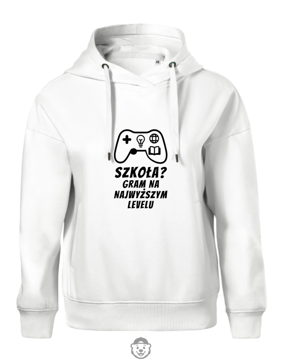 BLUZA Z KAPTUREM DAMSKA SZKOŁA GRAM NA NAJWYŻSZYM LEVELU BIAŁA.png