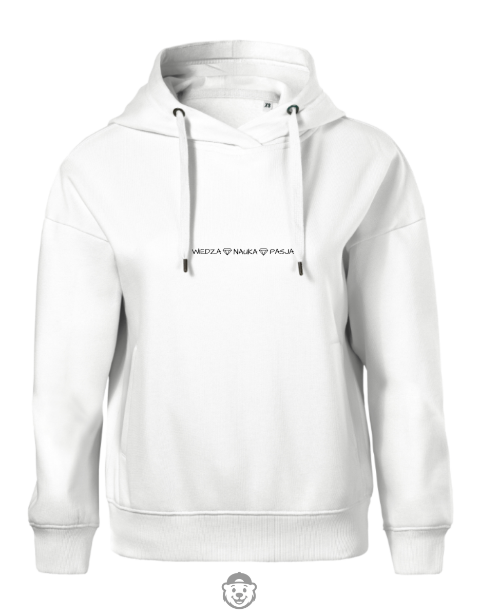 BLUZA Z KAPTUREM DAMSKA WIEDZA NAUKA PASJA BIAŁA.png