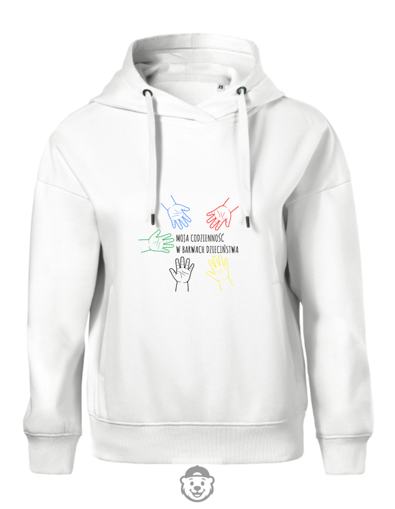 BLUZA Z KAPTUREM DAMSKA MOJA CODZIENNOŚĆ W BARWACH DZIECIŃSTWA BIAŁA.png