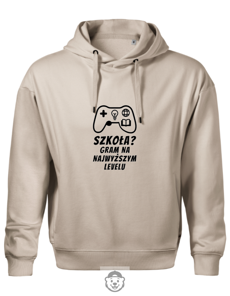BLUZA Z KAPTUREM MĘSKA SZKOŁA GRAM NA NAJWYŻSZYM LEVELU BEŻOWA.png