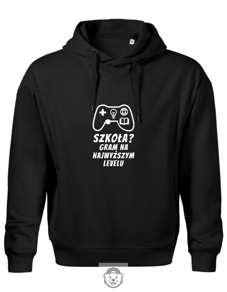 BLUZA Z KAPTUREM MĘSKA SZKOŁA GRAM NA NAJWYŻSZYM LEVELU CZARNA.png