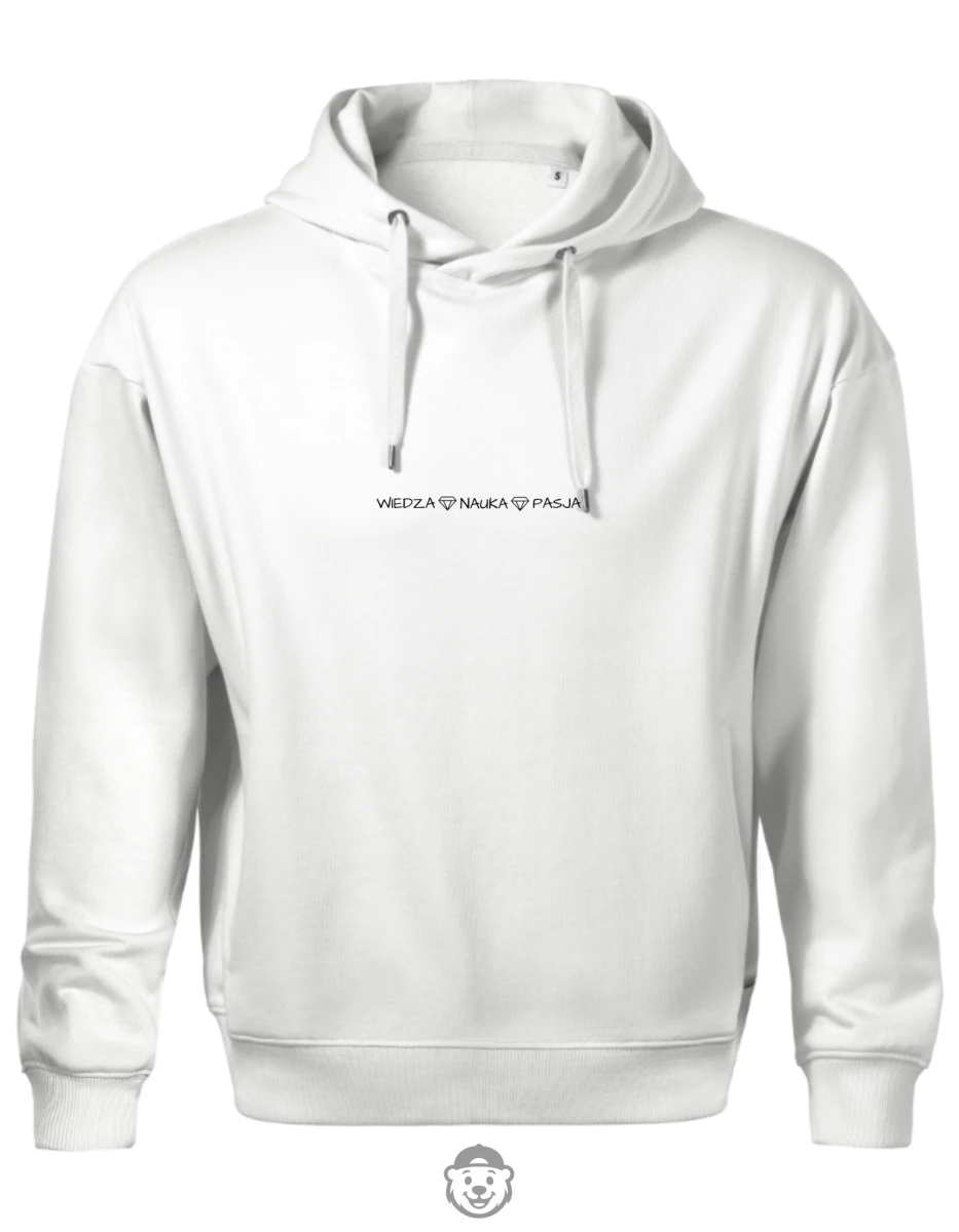 BLUZA Z KAPTUREM MĘSKA WIEDZA NAUKA PASJA BIAŁA.png
